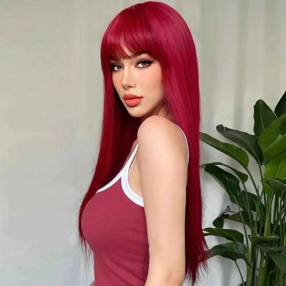 Student Red Wig Women's Long Hair Straight Hair Natural Chemical Fiber Synthetic Wig