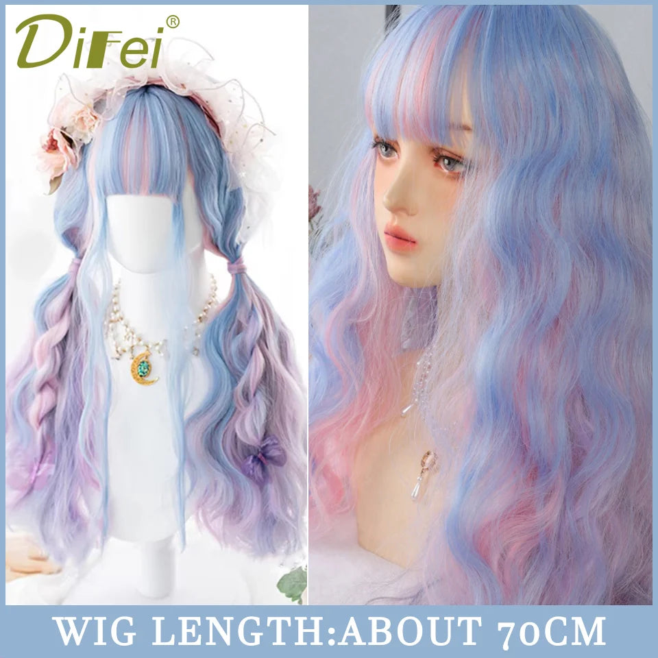 120cm Long Wavy Hair Synthetic Wigs Female Red Brown Coaplay Lolita Wig With Bangs Natural Hair Wigs Women Heat Fesistant  Fiber