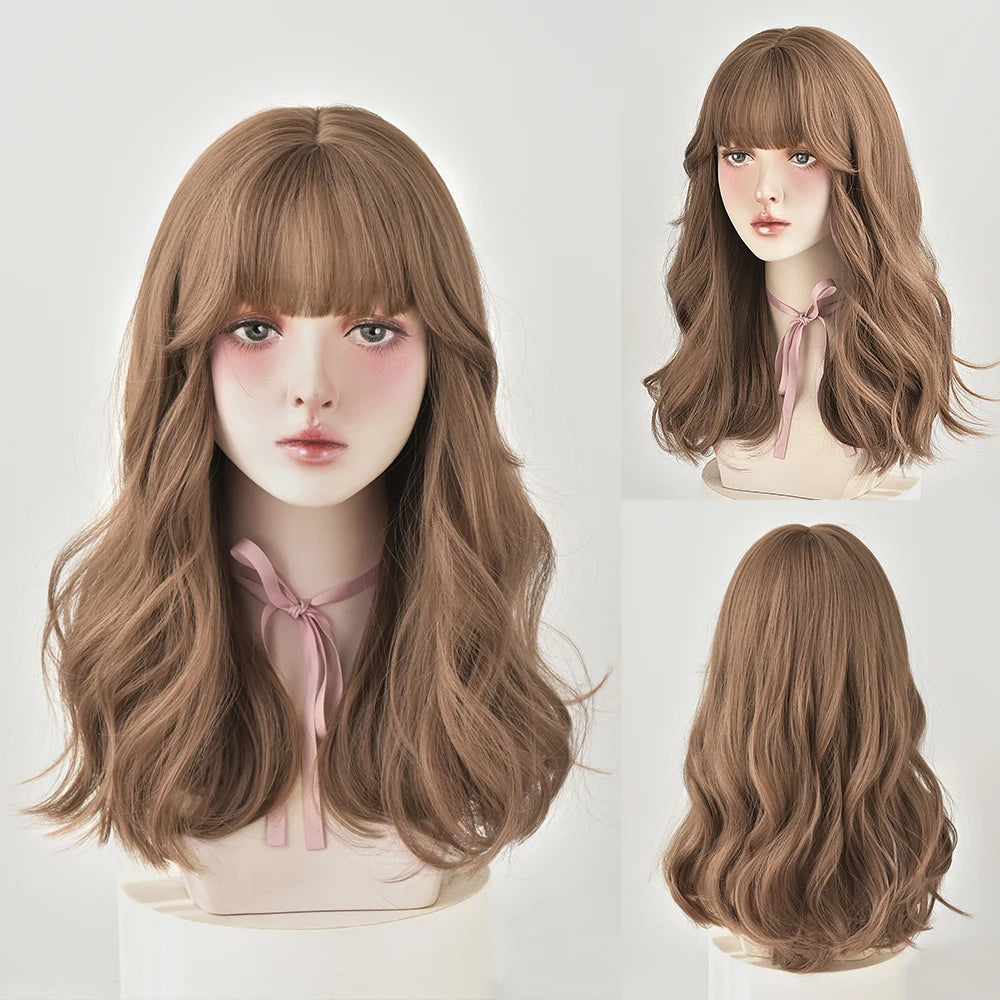 Long Curly Hair Women Wig with Bangs Daily Brown Black Pink Lolita Cosplay Braided Wigs Heat Resistant Fiber Party Fake Hair