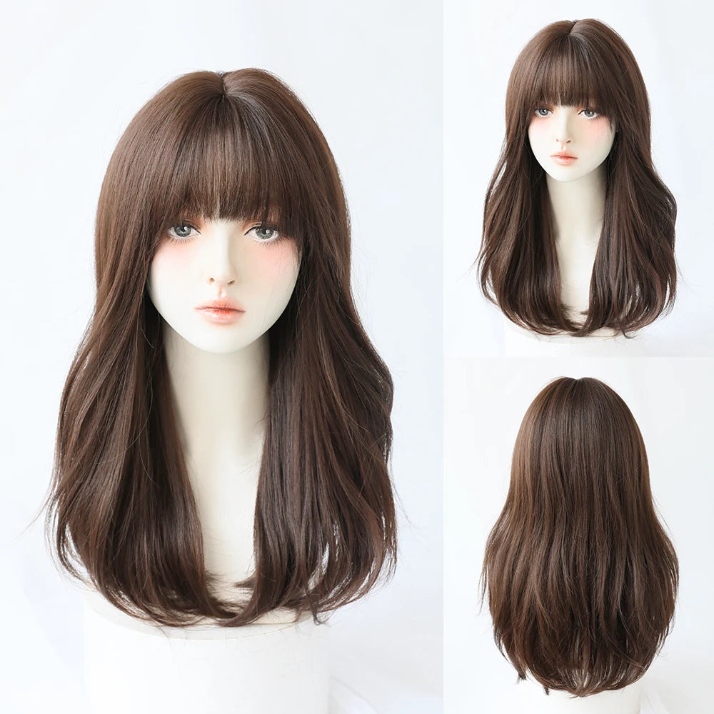 Long Curly Hair Women Wig with Bangs Daily Brown Black Pink Lolita Cosplay Braided Wigs Heat Resistant Fiber Party Fake Hair