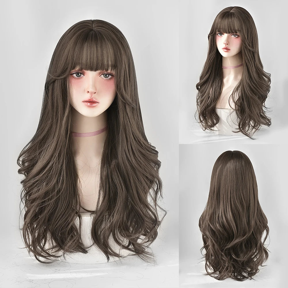 Long Curly Hair Women Wig with Bangs Daily Brown Black Pink Lolita Cosplay Braided Wigs Heat Resistant Fiber Party Fake Hair
