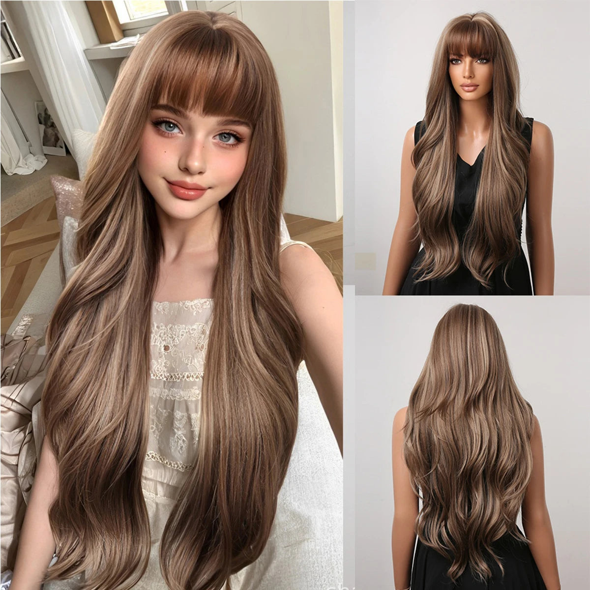 Long Wavy Synthetic Wigs for Women Ombre Brown Blonde Curly Wigs With Bangs Daily Cosplay Party Fake Hair Heat Resistant
