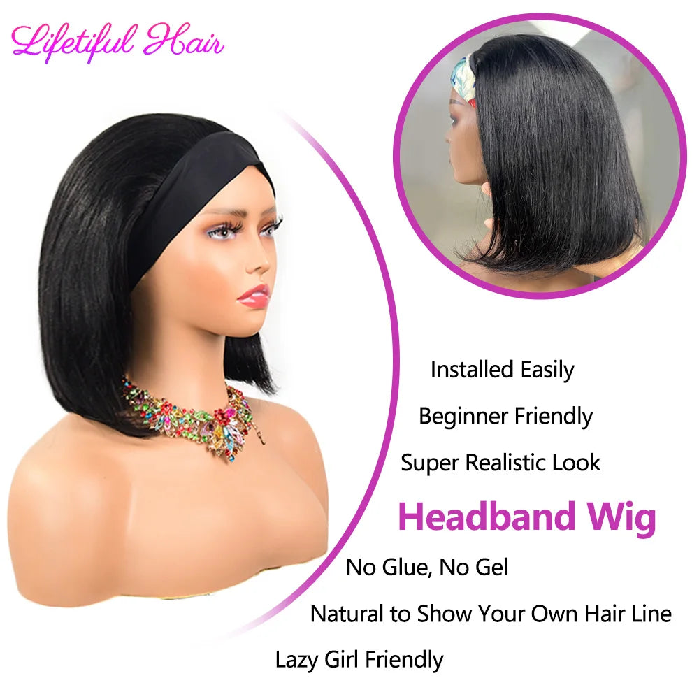Headband Wigs Human Hair Straight Bob Wigs Human Hair For Women Full Machine Made Brazilian Glueless Wigs Human Hair Ready To Go