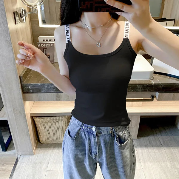 Cotton Camisole Bottom Shirt Tank Top Women Inner White Short Slim Outerwear Tops Sporty Bottom Letter Shoulder Strap