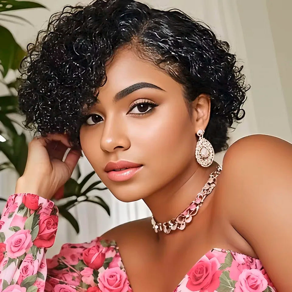 Kinky Curly Human Hair Wig Short Pixie Cut for Women with Bangs Brazilian Hair Machine Made Natural Look Side Part Daily Wear