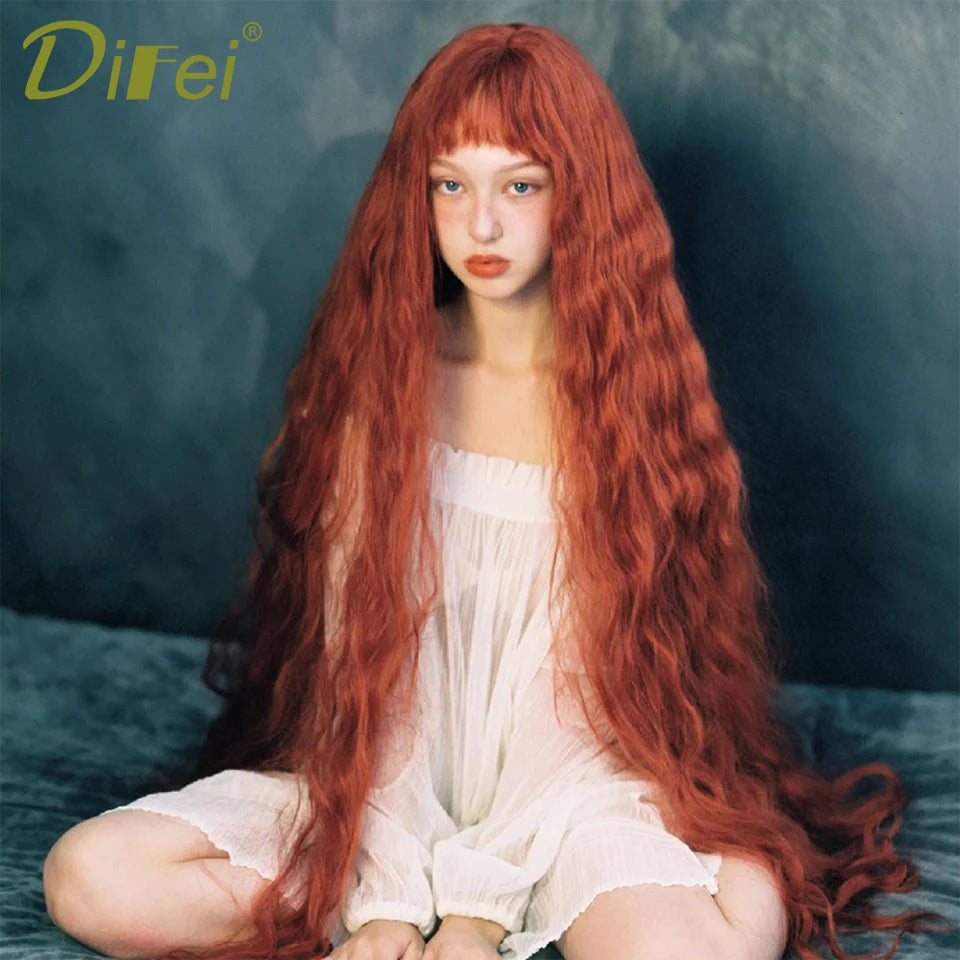120cm Long Wavy Hair Synthetic Wigs Female Red Brown Coaplay Lolita Wig With Bangs Natural Hair Wigs Women Heat Fesistant  Fiber