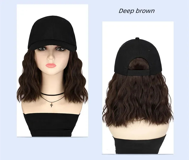 New Fashion Hat Hair Extensions Medium Long Ladies Curly Wigs Hats Connected Head Cover Synthetic Peaked Cap Wig For Women