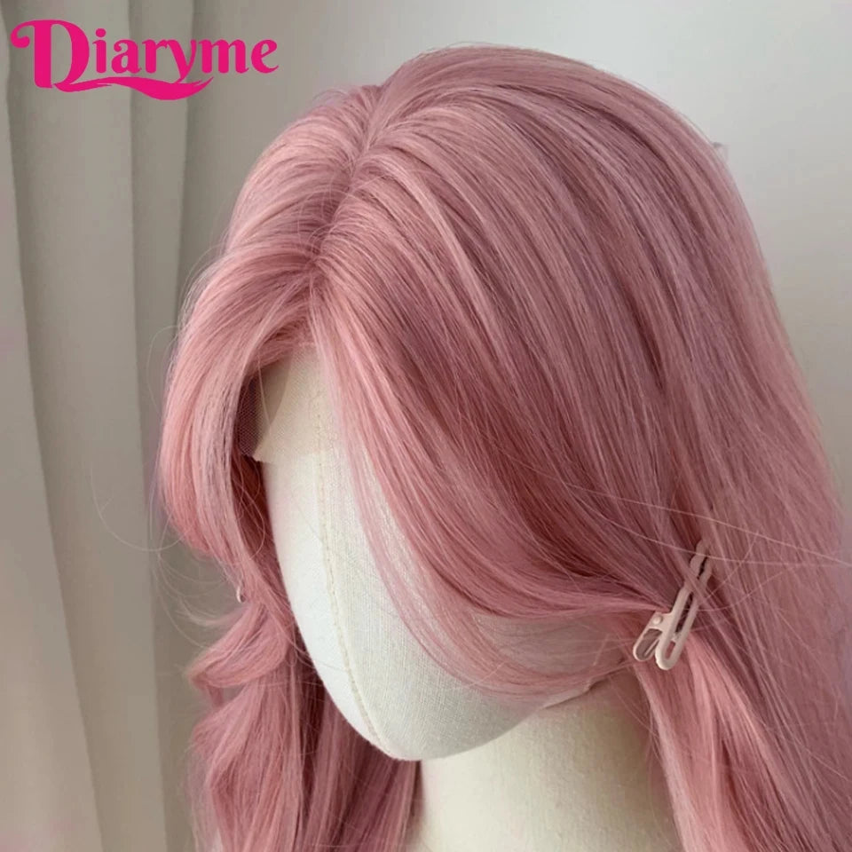 Synthetic Lace Front Wig Long Curly Hair Women Wigs Lace Wig For Women cosplay Wig Long Wavy Lolita Pink Wig Female Heat Resista