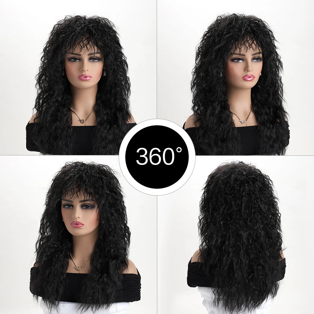 Women’s 70s 80s Style Long Synthetic Curly Hair Wig Glam Rock Rocker Wig Perfect for Halloween Cosplay  DIY Themed Costume Party