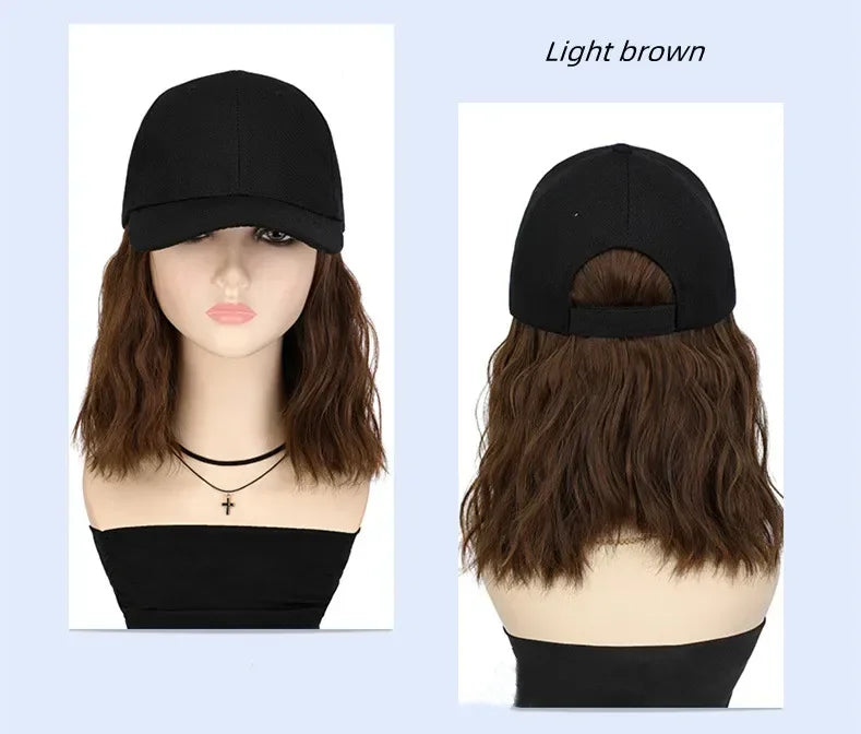 New Fashion Hat Hair Extensions Medium Long Ladies Curly Wigs Hats Connected Head Cover Synthetic Peaked Cap Wig For Women