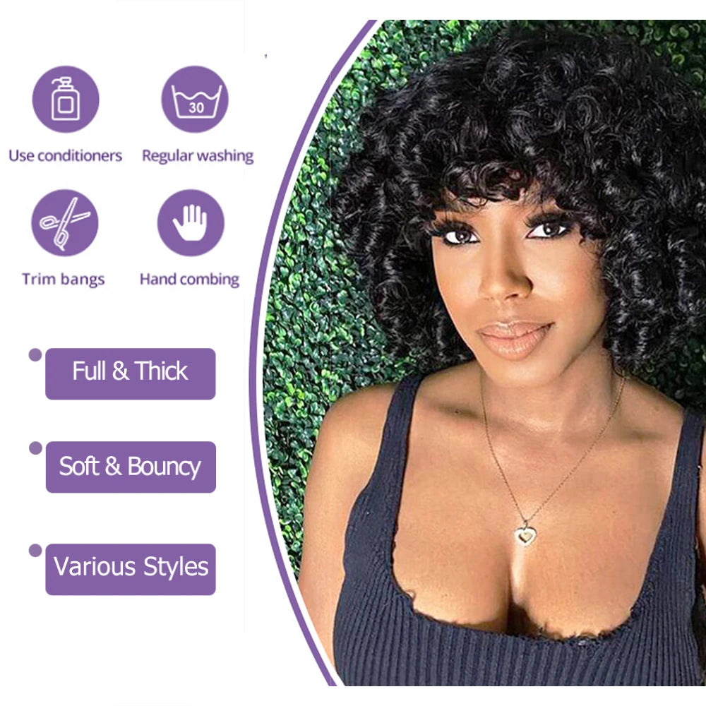 Short Loose Curly Human Hair With Bangs For Women Natural Black Bouncy Rose Curl Wig With Bangs Short Big Curly Glueless Wigs