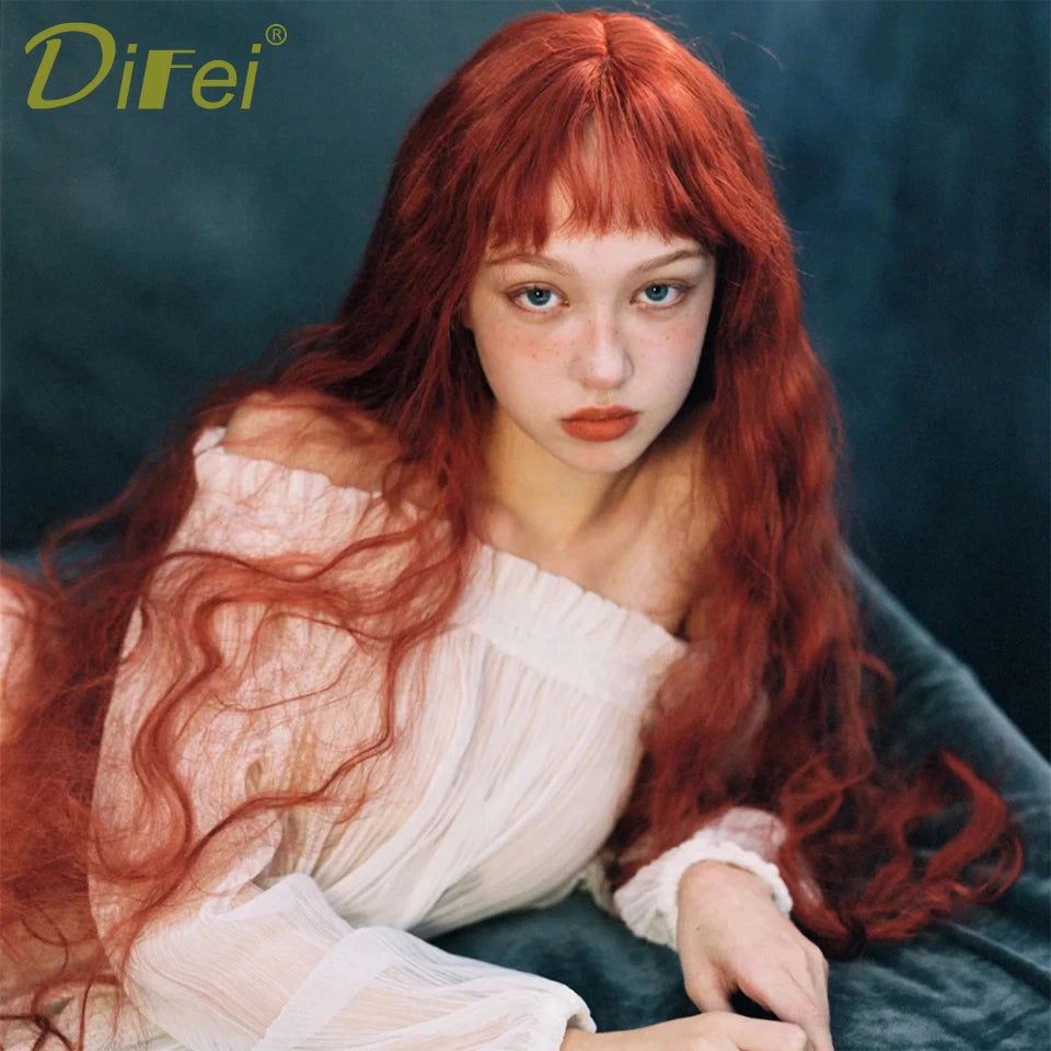 120cm Long Wavy Hair Synthetic Wigs Female Red Brown Coaplay Lolita Wig With Bangs Natural Hair Wigs Women Heat Fesistant  Fiber
