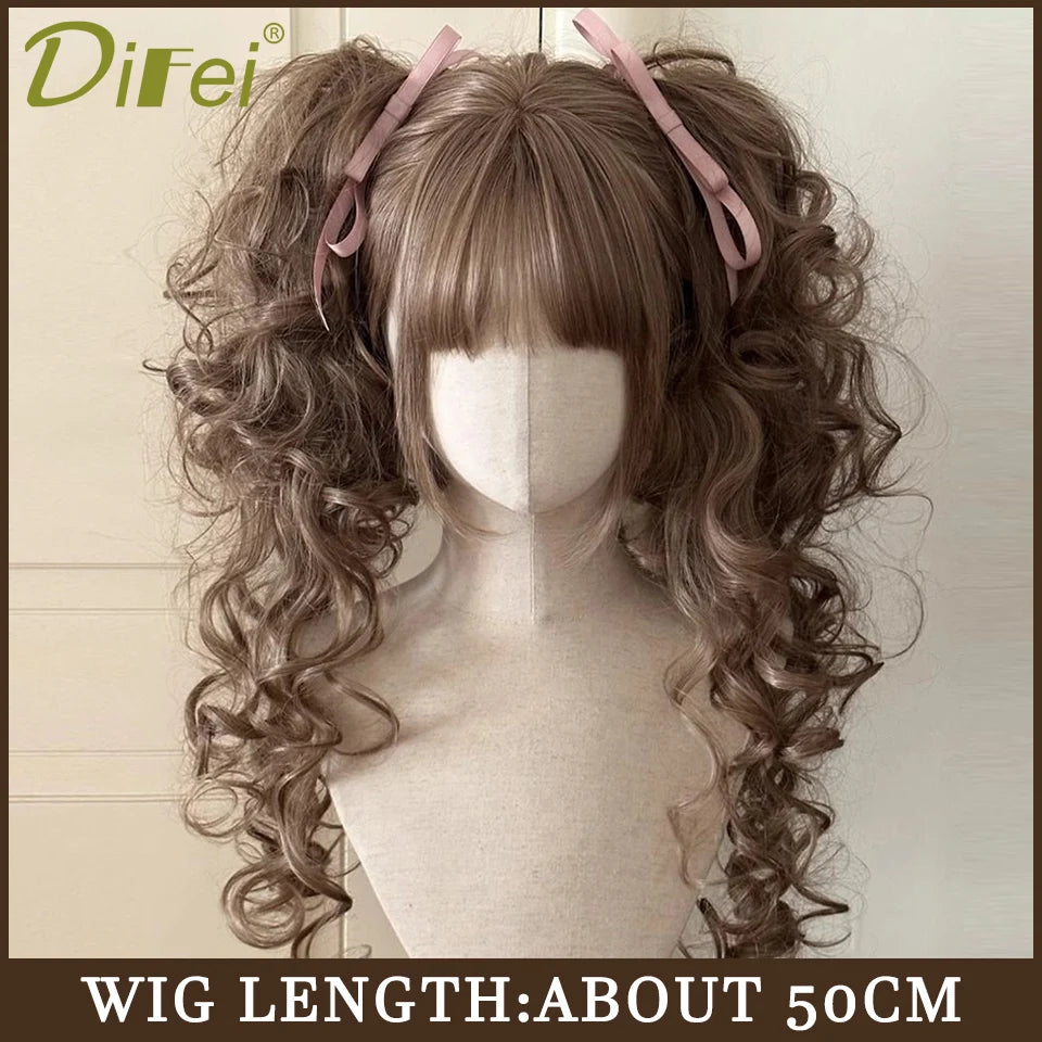 120cm Long Wavy Hair Synthetic Wigs Female Red Brown Coaplay Lolita Wig With Bangs Natural Hair Wigs Women Heat Fesistant  Fiber