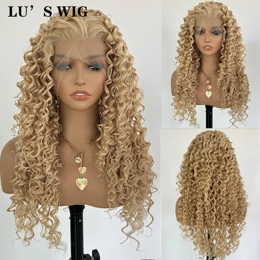 Blonde Curly Wig Long Synthetic Lace Front Wigs for Women Deep Curly Wig Blonde Wig Natural Hairline Cosplay Glueless Lace Hair