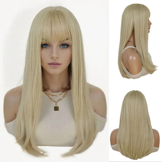 Long Blonde Wigs for Women Synthetic Hair Silky Straight Wig with Bangs Blond Cosplay Wig Drag Queen Lolita Party Heat Resistant