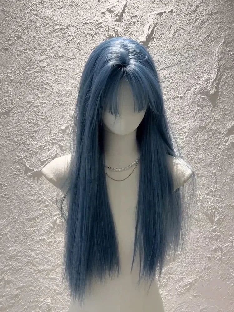 Long Straight Hair Cosplay Synthetic Wig Women Girls Cute Blue Wig With Bangs