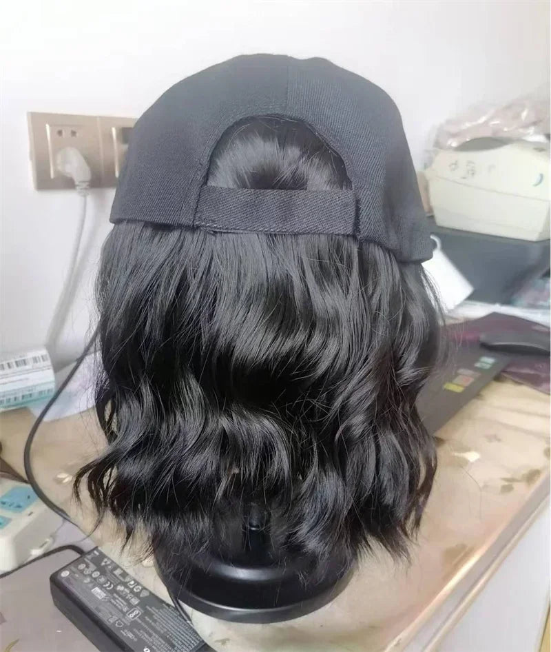 New Fashion Hat Hair Extensions Medium Long Ladies Curly Wigs Hats Connected Head Cover Synthetic Peaked Cap Wig For Women