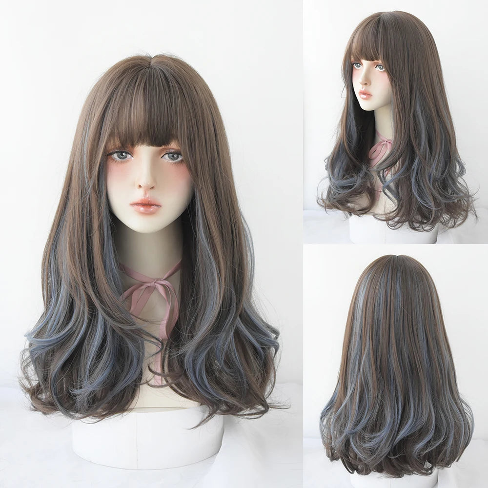 Long Curly Hair Women Wig with Bangs Daily Brown Black Pink Lolita Cosplay Braided Wigs Heat Resistant Fiber Party Fake Hair