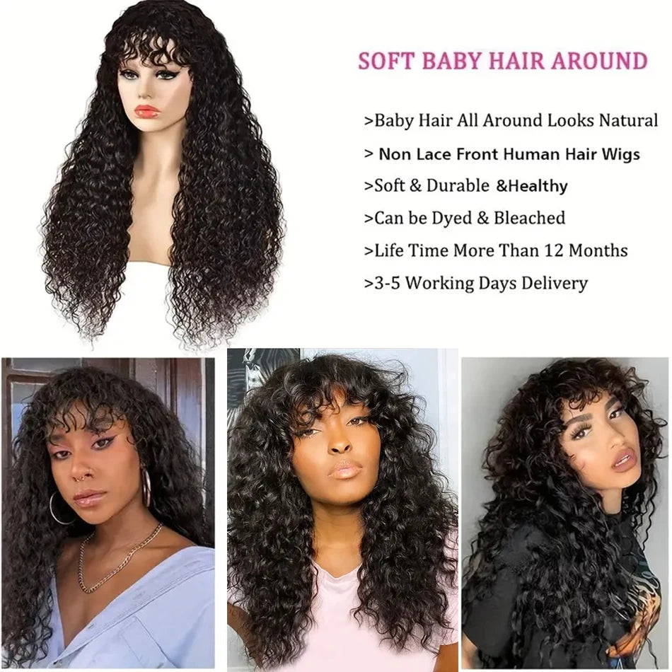 Long Water Wave Wigs For Black Women Malaysian Curly Human Hair Wigs With Bangs Full Machine Made Wigs Cheap Remy Human Hair Wig