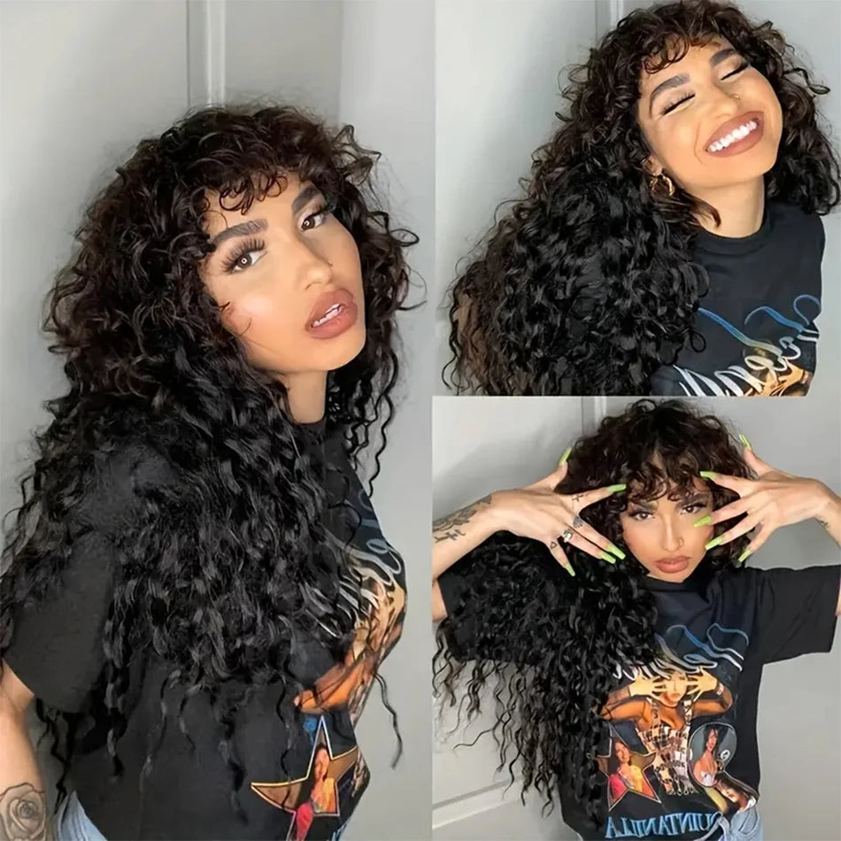 Long Water Wave Wigs For Black Women Malaysian Curly Human Hair Wigs With Bangs Full Machine Made Wigs Cheap Remy Human Hair Wig