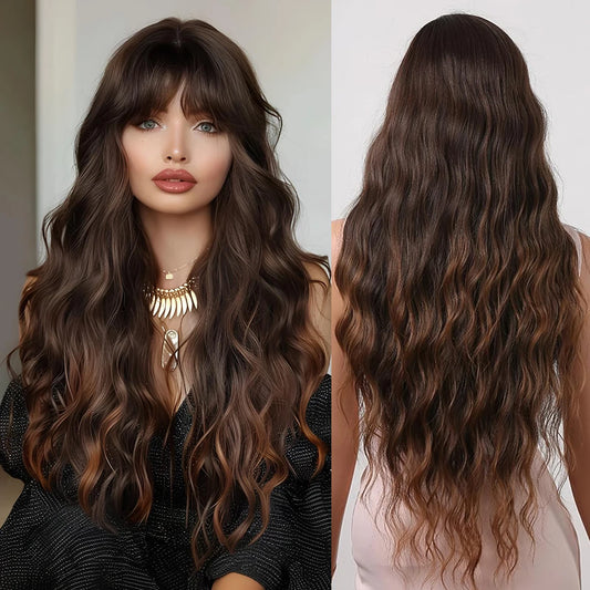 Long Wavy Synthetic Wigs for Women Ombre Brown Blonde Curly Wigs With Bangs Daily Cosplay Party Fake Hair Heat Resistant