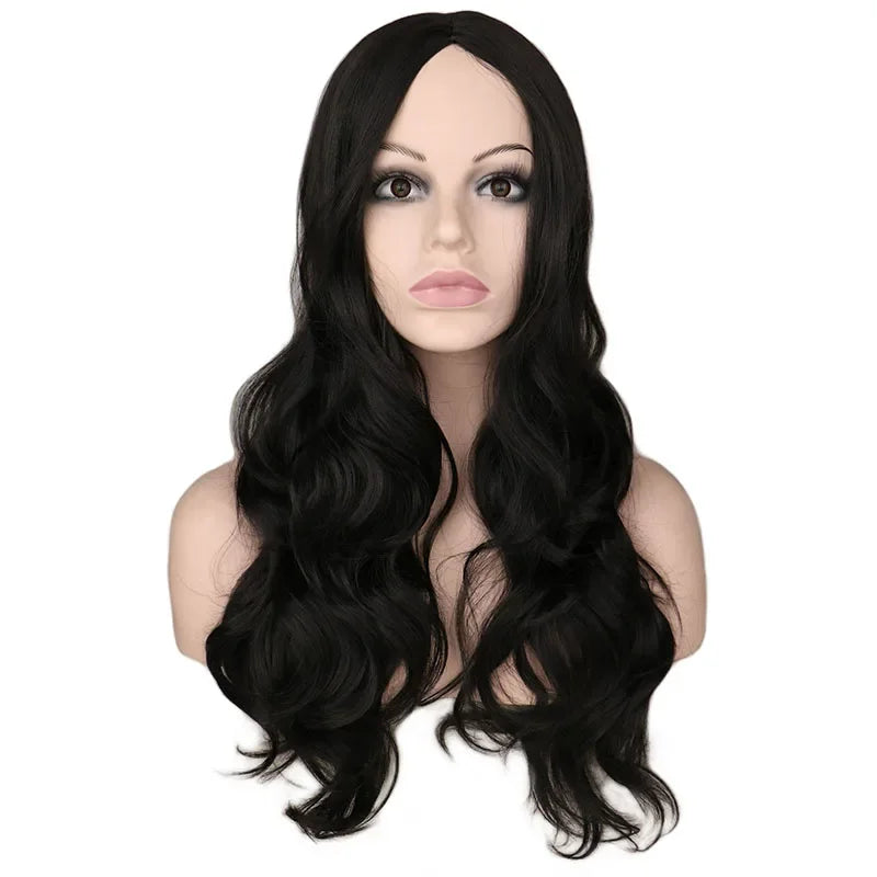 QQXCAIW Women Long Wavy Wig Cosplay Black Red Pink Blonde Light Brown Dark Brown Heat Resistant Synthetic Hair Wigs
