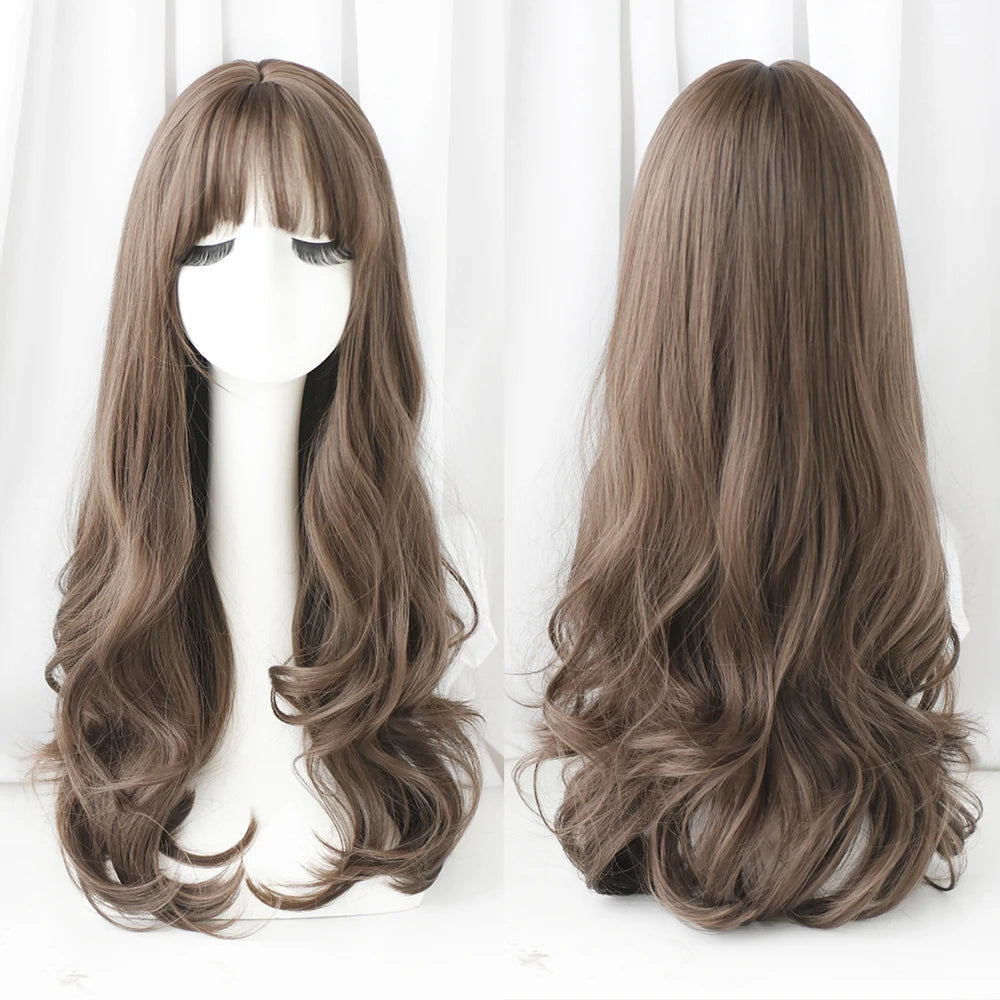 Long Curly Hair Women Wig with Bangs Daily Brown Black Pink Lolita Cosplay Braided Wigs Heat Resistant Fiber Party Fake Hair
