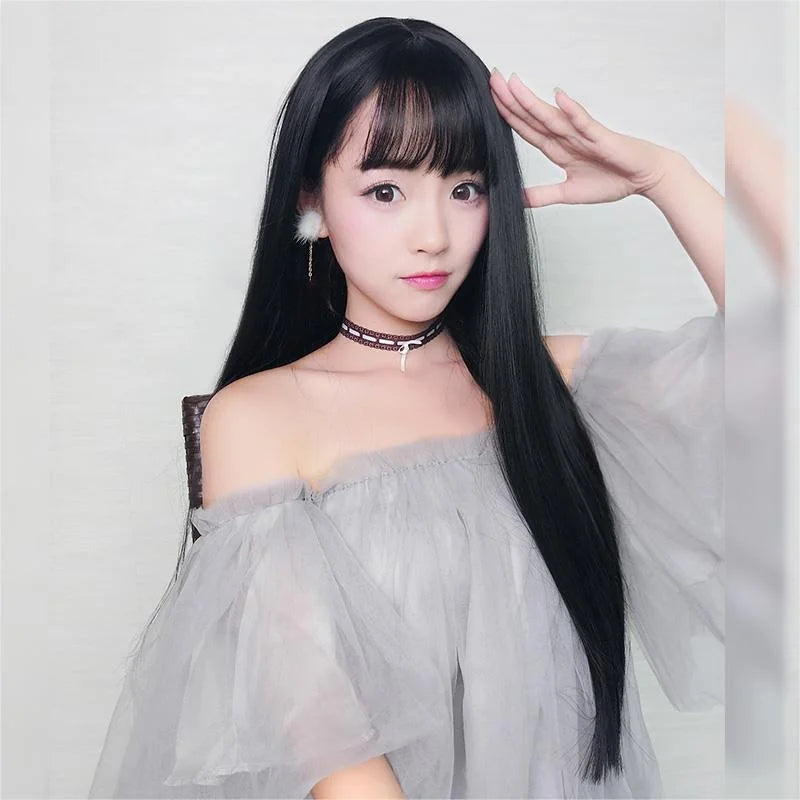 28inches Long Black Straight Wig with Bangs for Women Heat Resistant Fashionable Elegant Synthetic Wig for Cosplay and Party