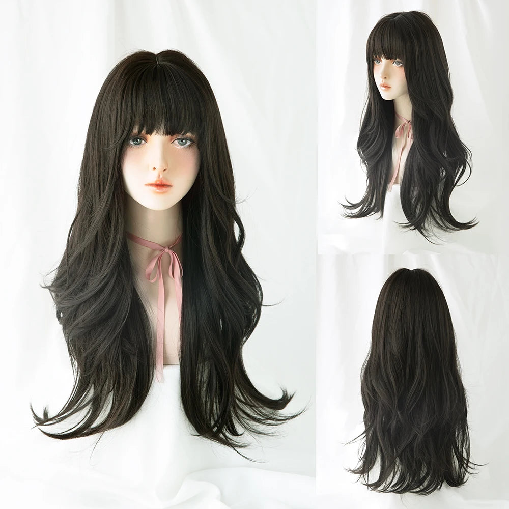Long Curly Hair Women Wig with Bangs Daily Brown Black Pink Lolita Cosplay Braided Wigs Heat Resistant Fiber Party Fake Hair