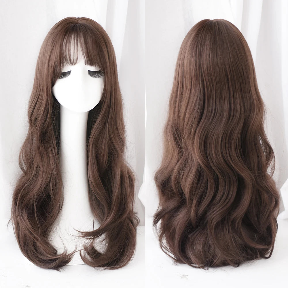 Long Curly Hair Women Wig with Bangs Daily Brown Black Pink Lolita Cosplay Braided Wigs Heat Resistant Fiber Party Fake Hair