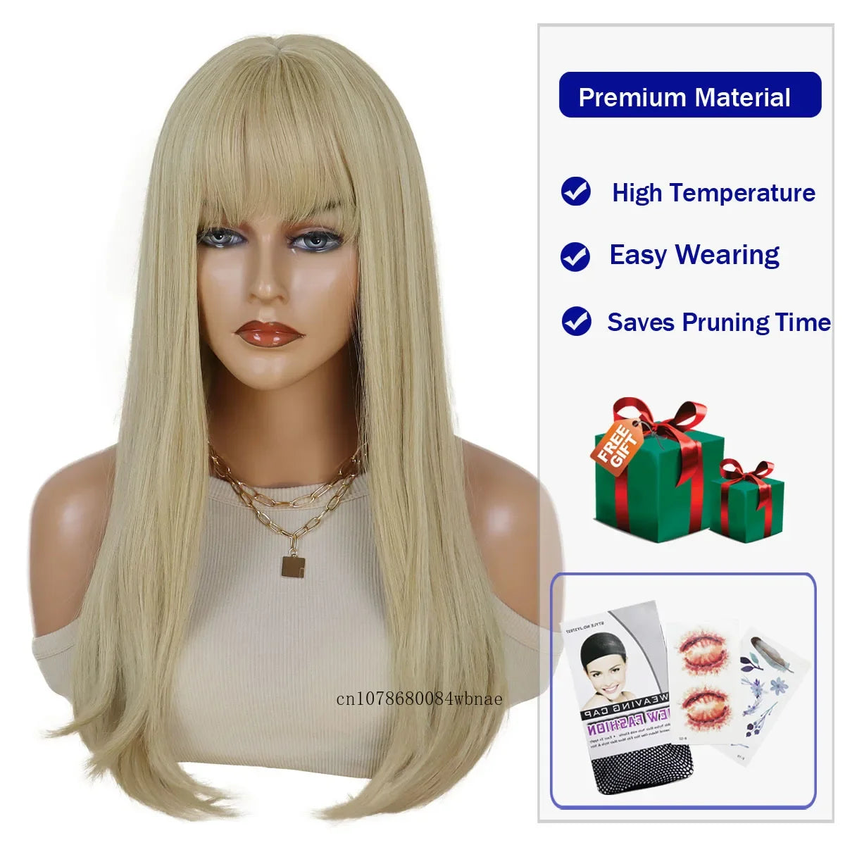 Long Blonde Wigs for Women Synthetic Hair Silky Straight Wig with Bangs Blond Cosplay Wig Drag Queen Lolita Party Heat Resistant