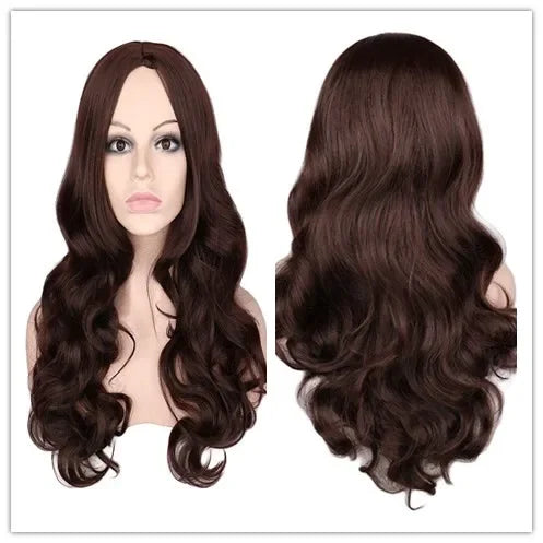 QQXCAIW Women Long Wavy Wig Cosplay Black Red Pink Blonde Light Brown Dark Brown Heat Resistant Synthetic Hair Wigs