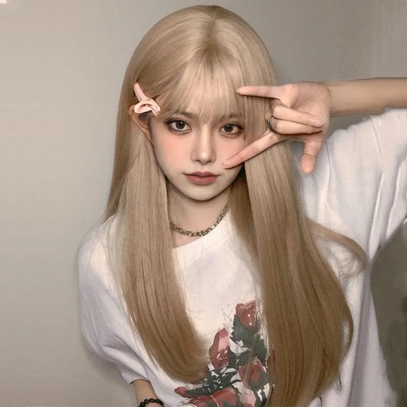 Long straight hair, synthetic fiber and air stripes, charming black face, full head and fashionable wig. wig wigs for women