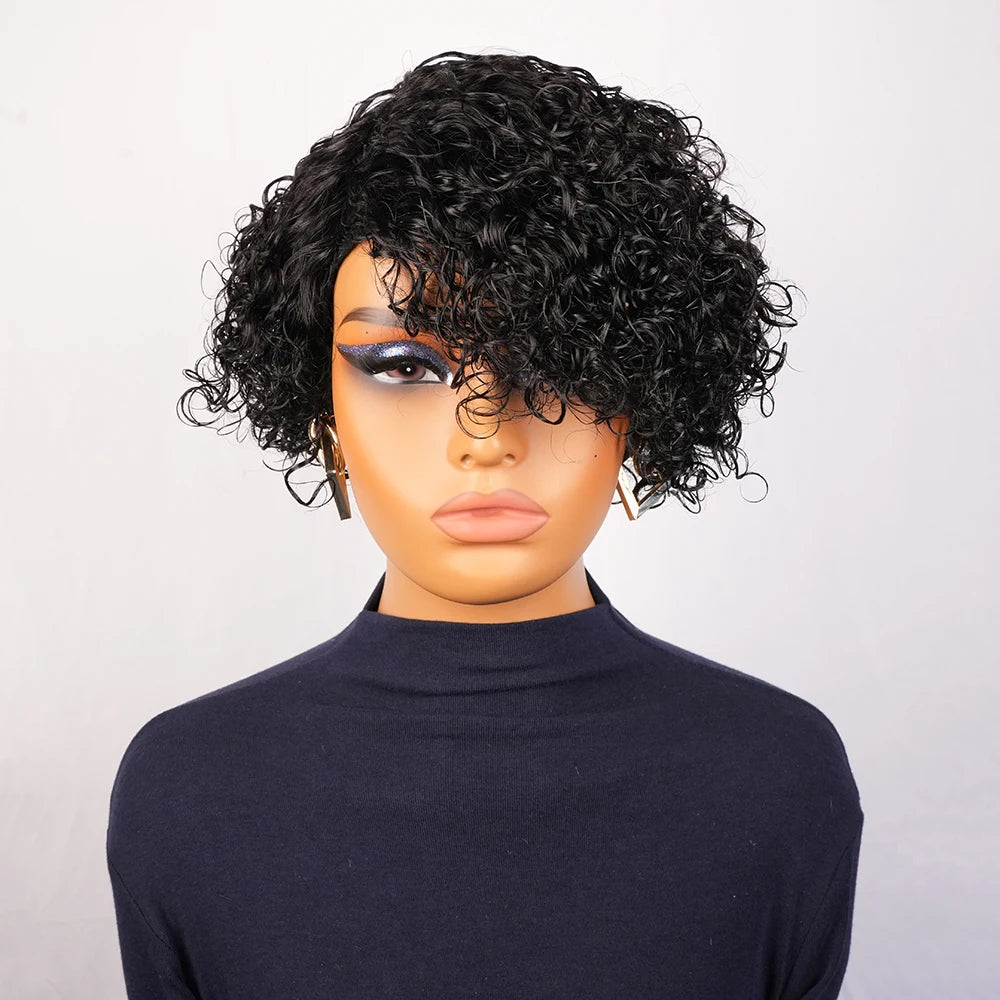 Kinky Curly Human Hair Wig Short Pixie Cut for Women with Bangs Brazilian Hair Machine Made Natural Look Side Part Daily Wear