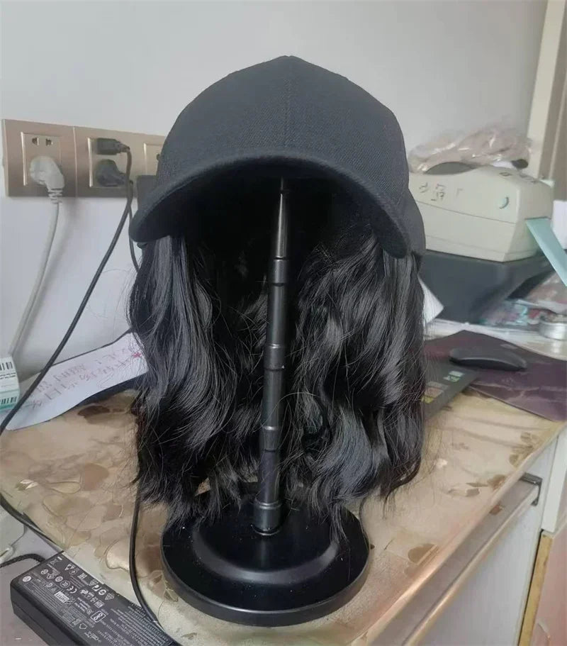 New Fashion Hat Hair Extensions Medium Long Ladies Curly Wigs Hats Connected Head Cover Synthetic Peaked Cap Wig For Women
