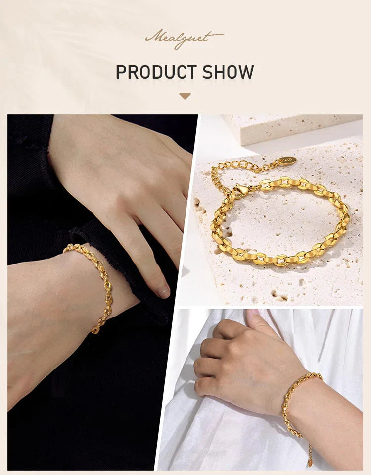 Simple Chain Bracelet for Women, 18k Gold Plated  Stainless Steel Link Adjustable