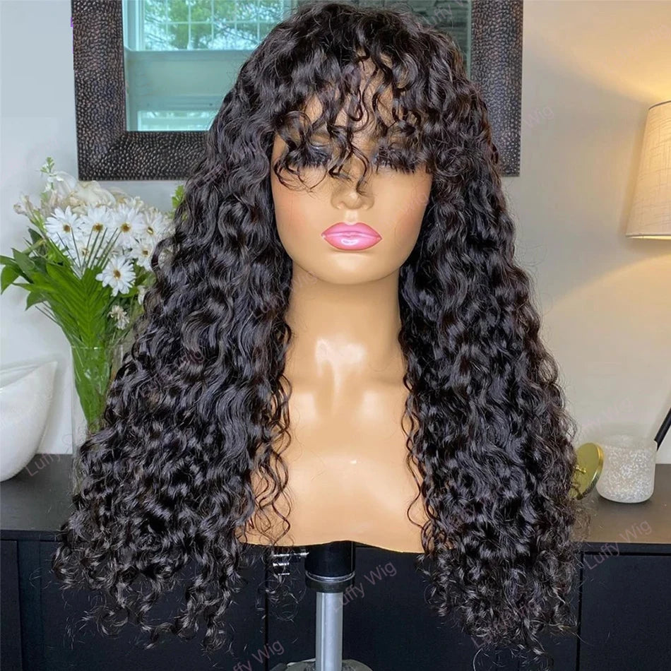 Long Water Wave Wigs For Black Women Malaysian Curly Human Hair Wigs With Bangs Full Machine Made Wigs Cheap Remy Human Hair Wig