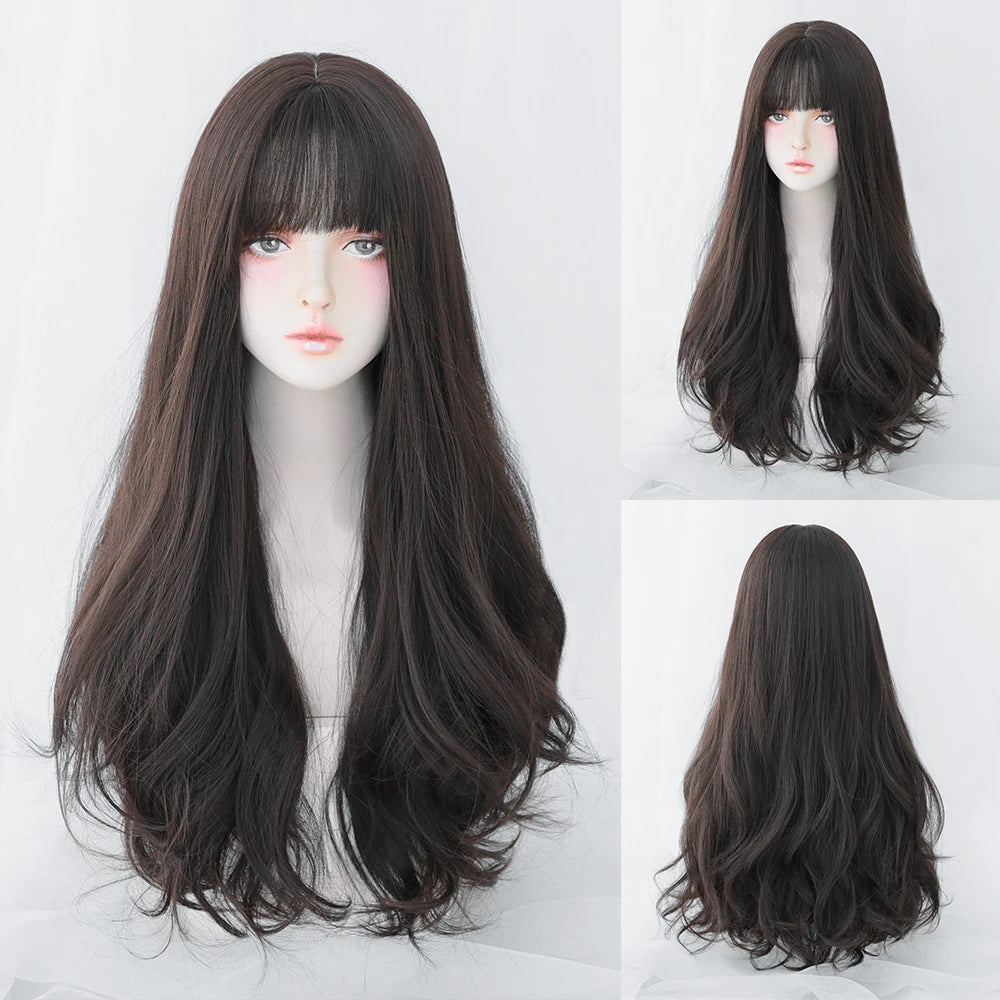 Long Curly Hair Women Wig with Bangs Daily Brown Black Pink Lolita Cosplay Braided Wigs Heat Resistant Fiber Party Fake Hair