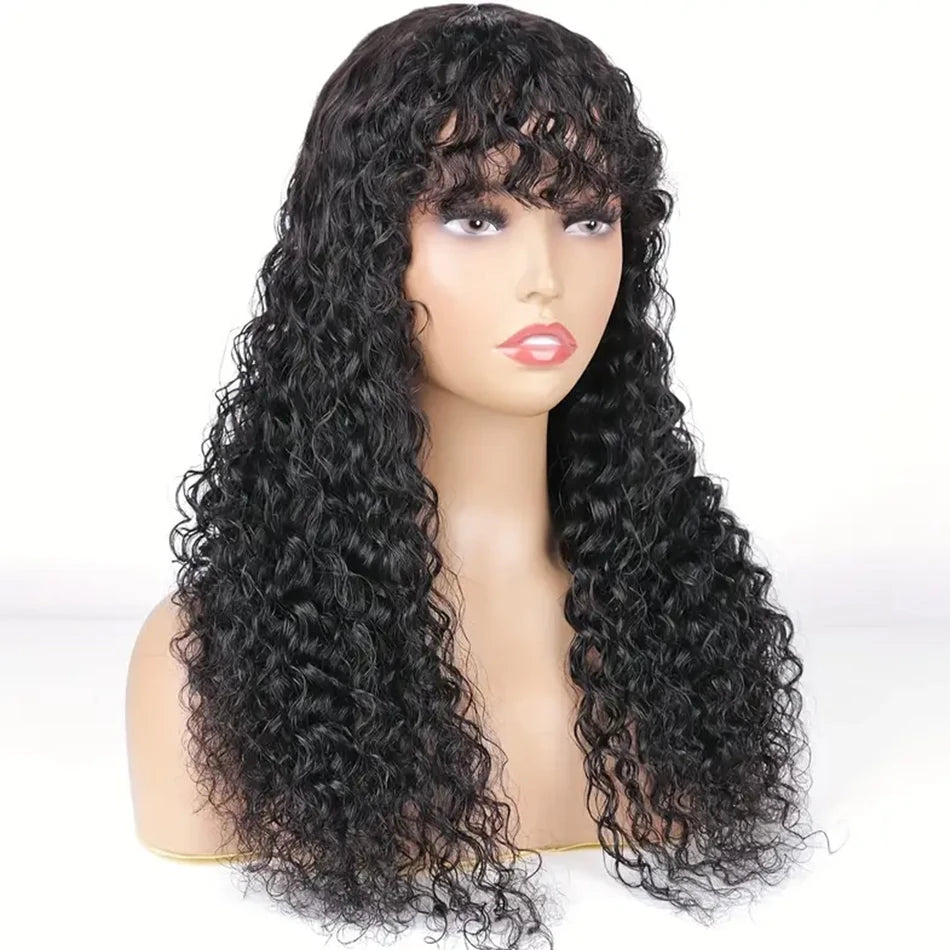 Long Water Wave Wigs For Black Women Malaysian Curly Human Hair Wigs With Bangs Full Machine Made Wigs Cheap Remy Human Hair Wig