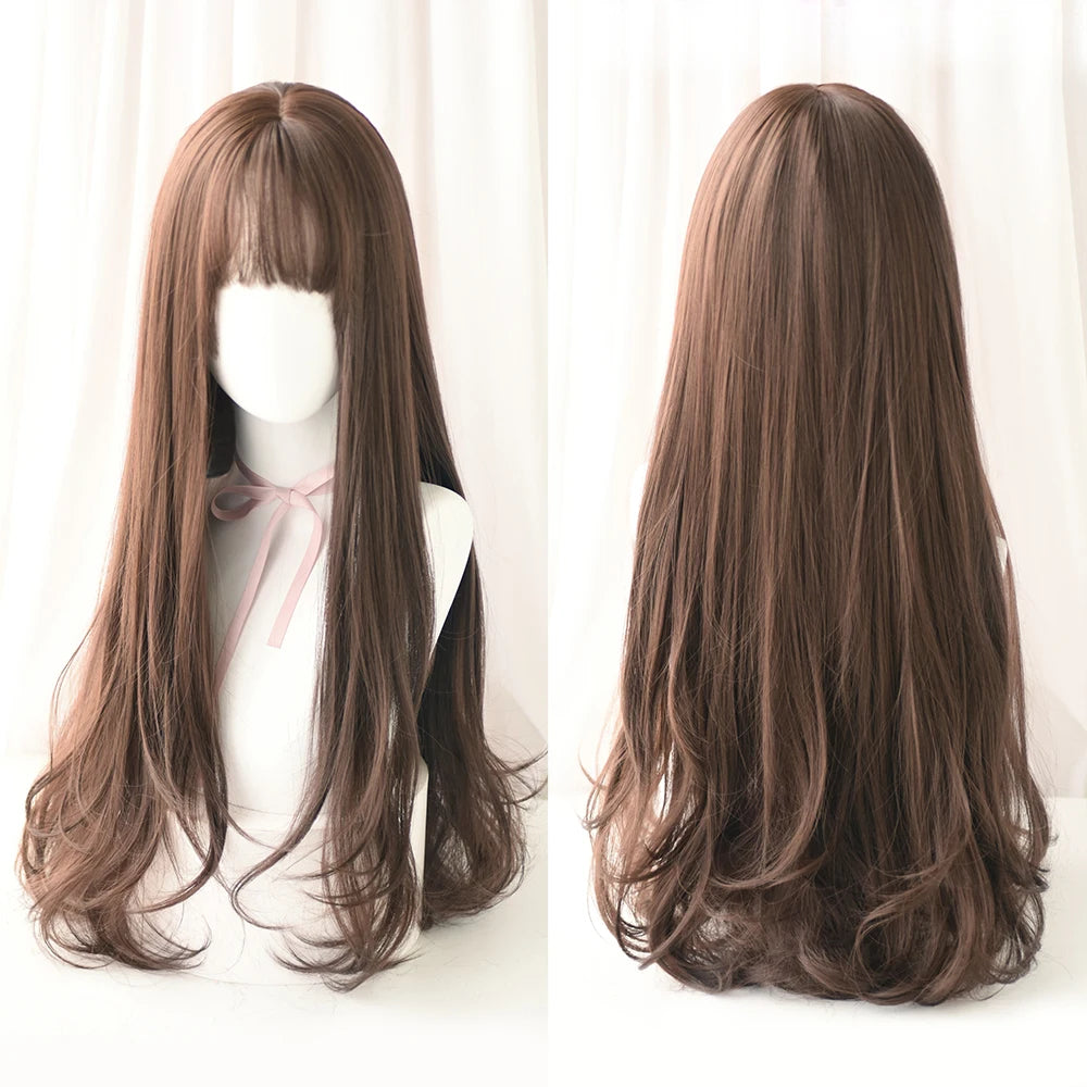 Long Curly Hair Women Wig with Bangs Daily Brown Black Pink Lolita Cosplay Braided Wigs Heat Resistant Fiber Party Fake Hair