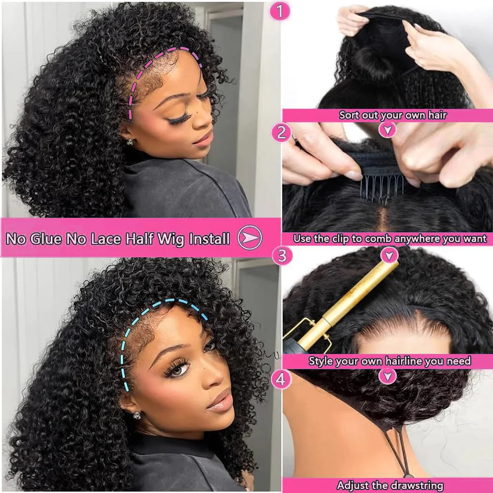 Half Wig Human Hair 250% Density Curly Deep Wave Wig for Women Glueless Wear And Go Wigs Beginner Friendly With Drawstring