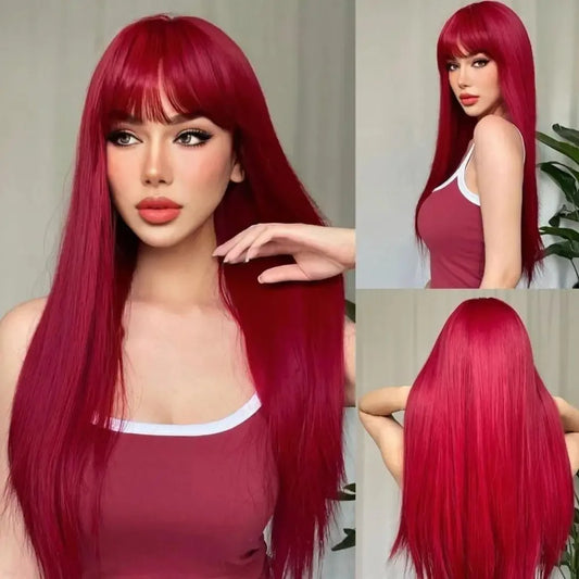 Student Red Wig Women's Long Hair Straight Hair Natural Chemical Fiber Synthetic Wig