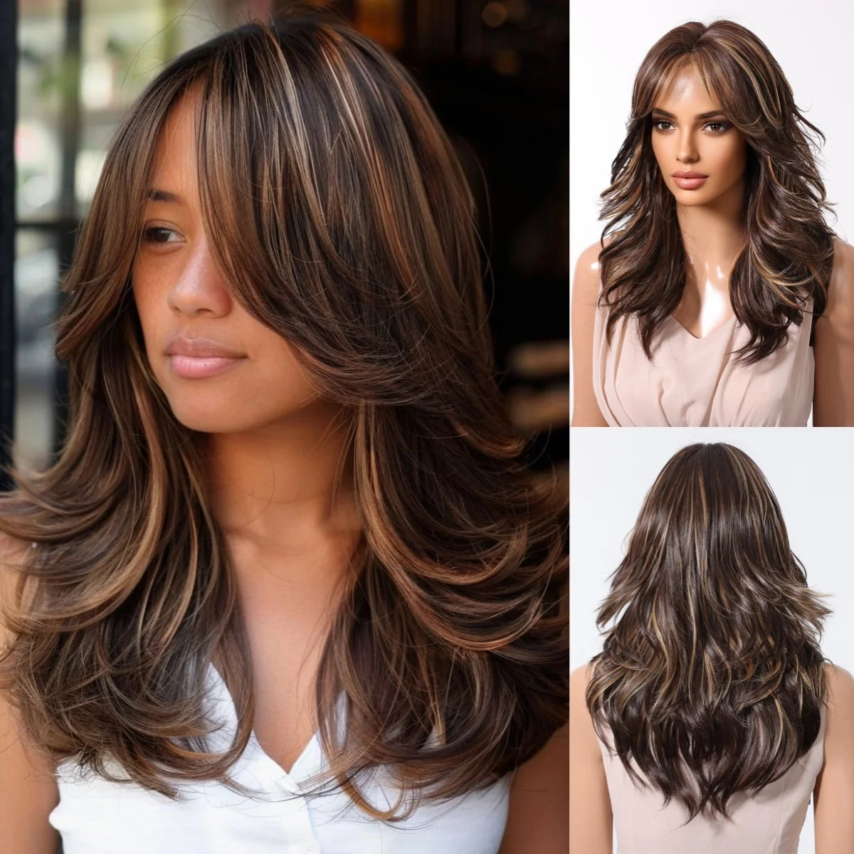 Long Curly Wavy Brown Wigs Highlights Brown Hair Synthetic Wigs For Women Daily Middle Part Natural Looking Wig High Temperature