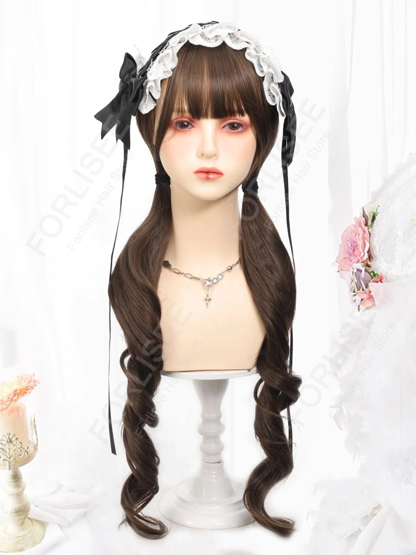 Double Ponytail Hazelnut Gray Brown Long Curly Hair with Bangs Synthetic Heat Resistant Fiber Wig Suitable for Women Daily Party