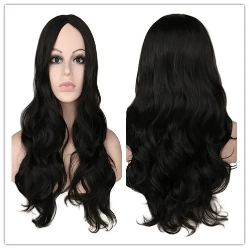 QQXCAIW Women Long Wavy Wig Cosplay Black Red Pink Blonde Light Brown Dark Brown Heat Resistant Synthetic Hair Wigs