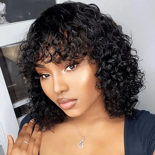 Kinky Curly Human Hair Wig with Bangs for Women Black 99J Burgundy Glueless Short Water Wave Curly Bob Wigs Human Hair with Bang