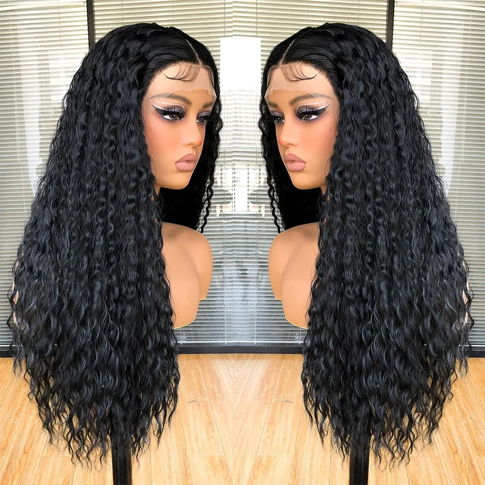 Black Long Curly Lace Front 13*3 Wigs for Black Women Long Deep Wave Synthetic Wigs with Baby Hair Heat Resistant Fiber Glueless