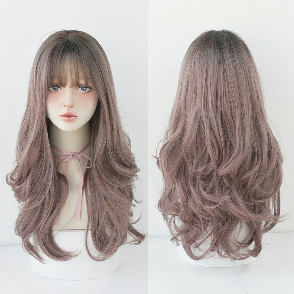 Long Curly Hair Women Wig with Bangs Daily Brown Black Pink Lolita Cosplay Braided Wigs Heat Resistant Fiber Party Fake Hair