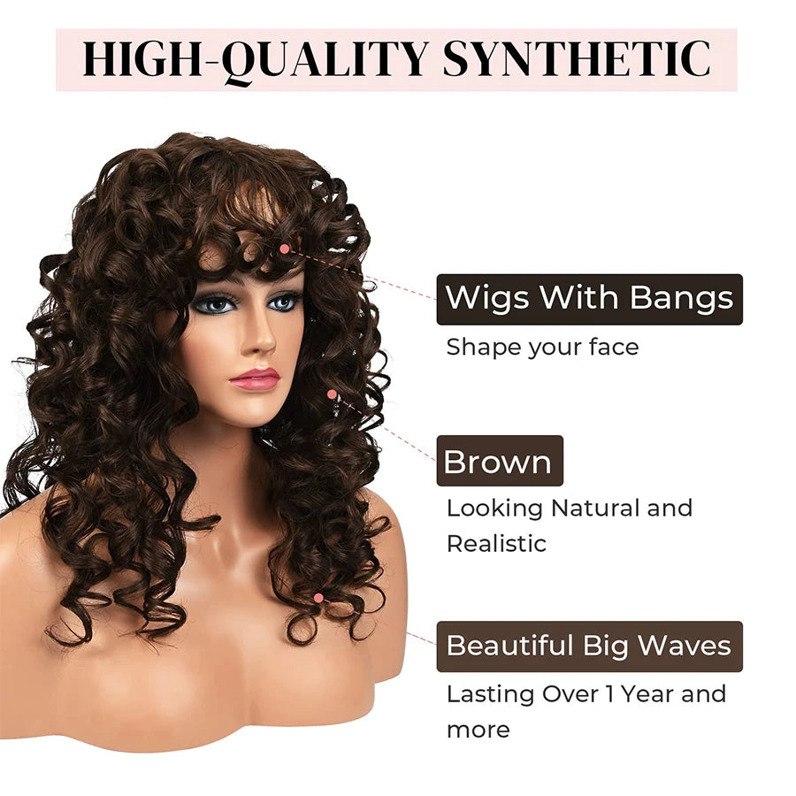 Curly Wig with Bangs for Women Long 16Inch Kinky Wigs with Wispy Bangs for Daily Use Party Cosplay-Chocolate Brown