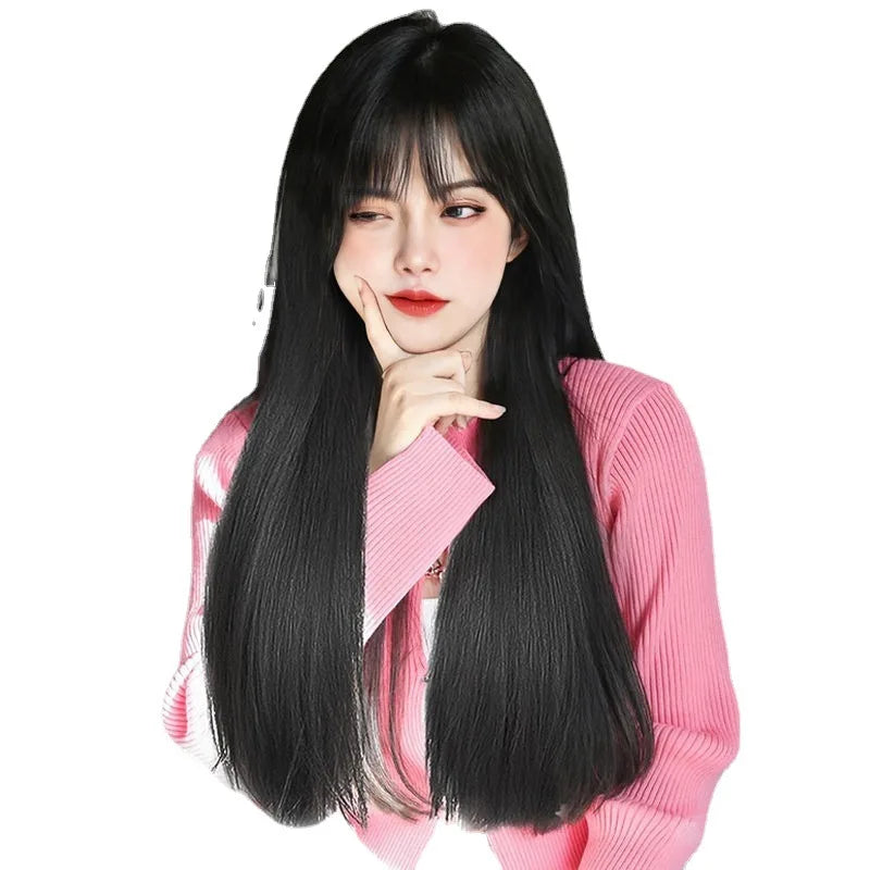 Long straight hair, synthetic fiber and air stripes, charming black face, full head and fashionable wig. wig wigs for women